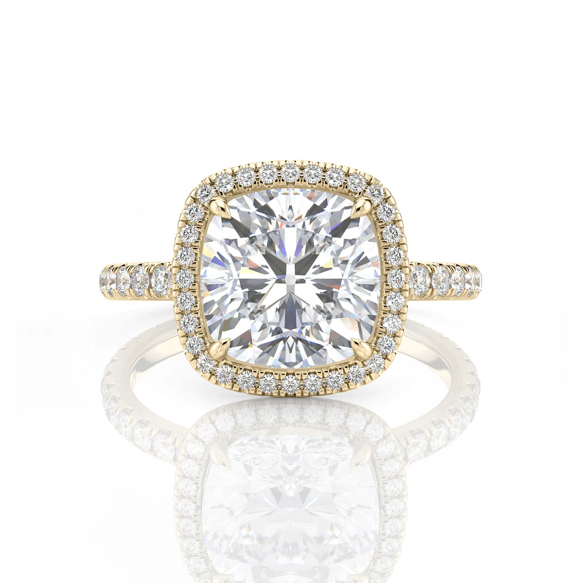 Inel de logodnă Cushion Halo cu moissanite, aur galben