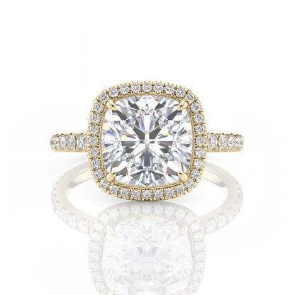 Inel de logodnă Cushion Halo cu moissanite, aur galben