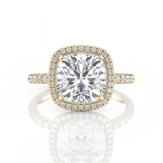 Inel de logodnă Cushion Halo cu moissanite, aur galben