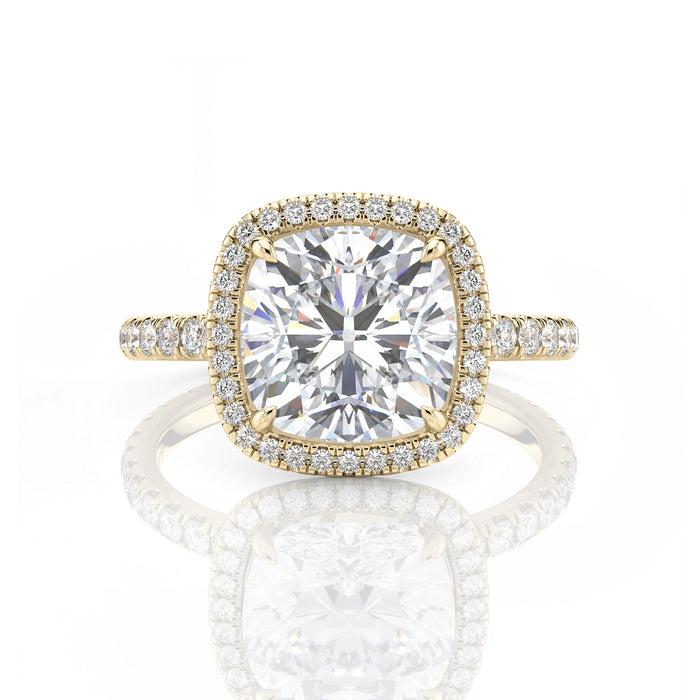 Inel de logodnă Cushion Halo cu moissanite, aur galben