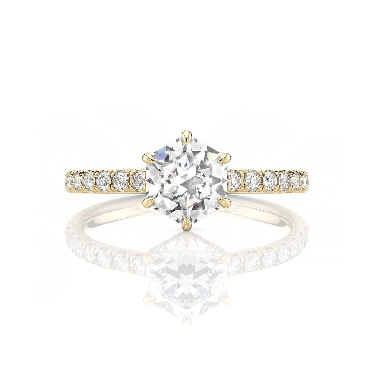 Inel de logodnă Hexagon Pavé cu moissanite, aur galben