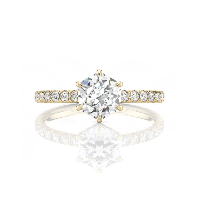 Inel de logodnă Hexagon Pavé cu moissanite, aur galben