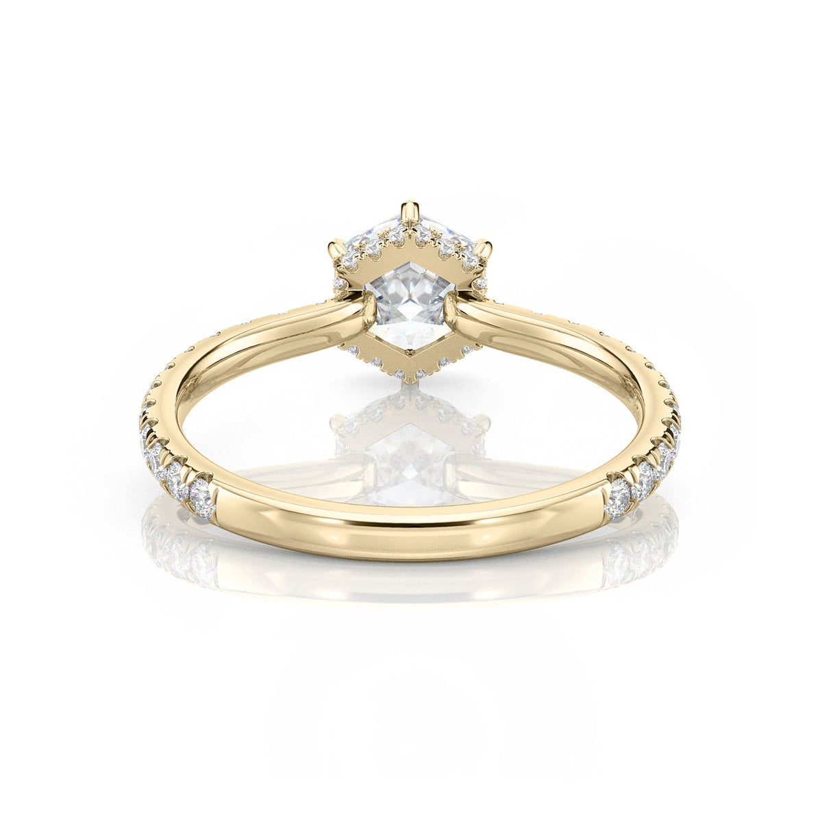 Inel de logodnă Hexagon Pavé cu moissanite, aur galben